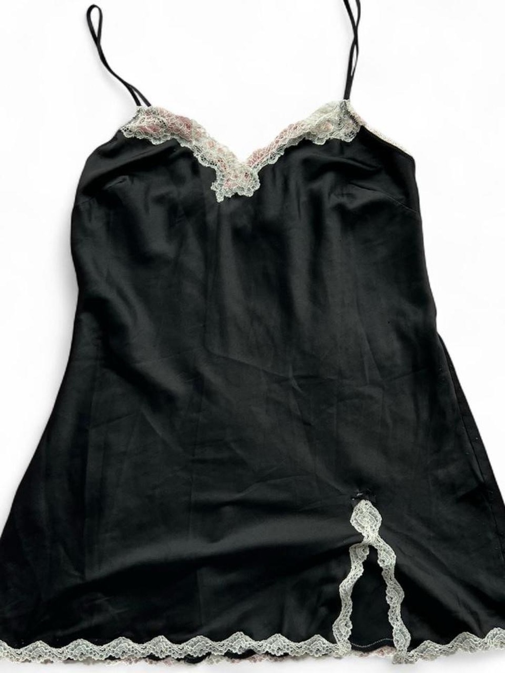 Victoria's Secret Black Satin Slip with Cream Lace Trim